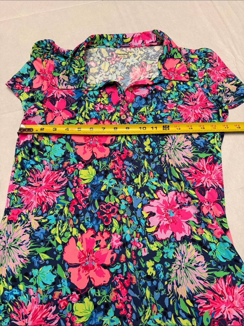 Lilly Pulitzer Luxletic Navy Floral Polo with Pink & Green - Picture 8 of 8